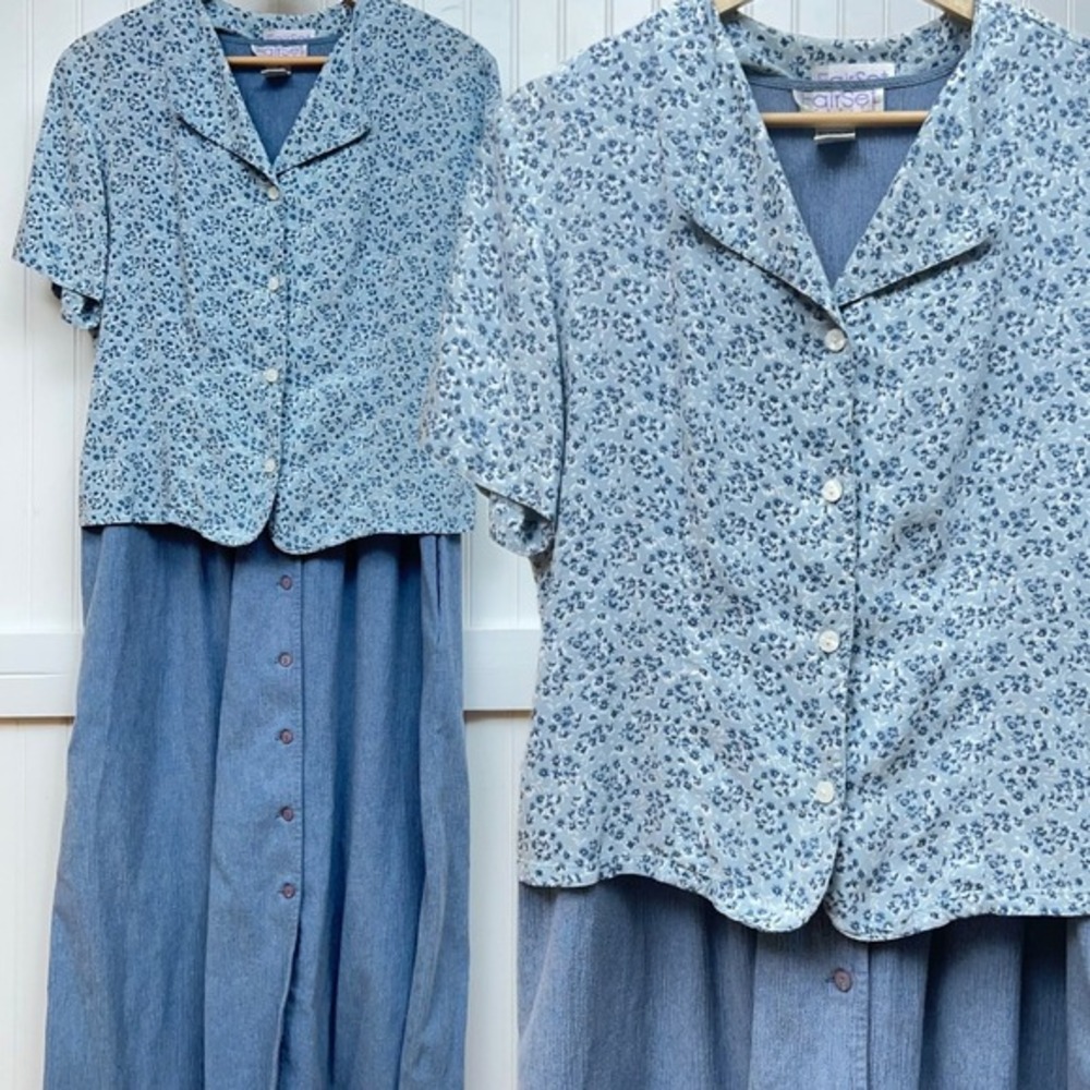 Vtg 90s Blue Floral Top Dress Set Grandmacore‎ Women's 8 Cottagecore Prairie